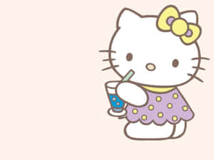 Hello Kitty 拿著藍色飲料和吸管，身穿紫色圓點連衣裙。