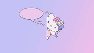 Hello Kitty 喺柔和漸變背景上探頭出嚟，帶住對話氣泡同心形圖案。 — Hello kitty 美學 GIF 壁紙