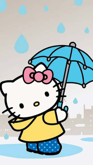 Hello Kitty 喺雨中撐藍色傘，著黃色外套同波點褲。 — Hello kitty 美學 GIF 壁紙