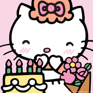 Hello Kitty 喺點燃蠟燭嘅生日蛋糕旁邊攞住花。 — 白色美學gif 壁紙