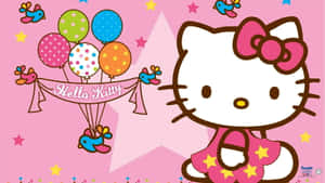 Hello Kitty 手持一束彩色圓點氣球和小鳥，背景是粉紅色星空。 — Hello kitty 美學 GIF 壁紙
