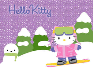 Hello Kitty 在雪地森林中與雪人一起玩滑雪板。 — 可愛聖誕動圖 壁紙