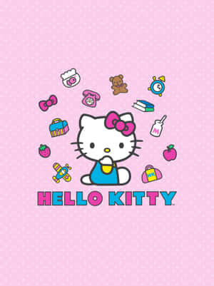 Hello Kitty 被漂浮的學校用品圍繞在粉紅色圓點背景上。 — Kindle Paperwhite 壁紙