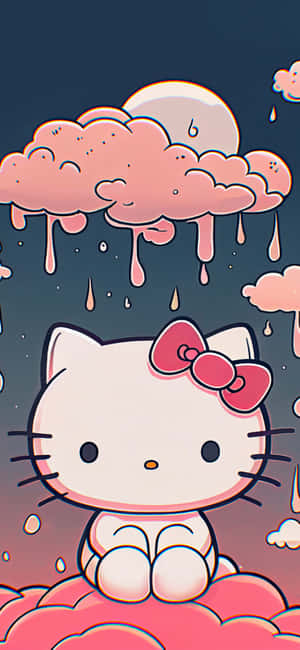 Hello Kitty 坐在粉紅色的雲朵上，粉紅色的雨水從微笑的雲朵落在月亮下。 — iPhone 18 Pro Max 壁紙