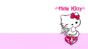 Hello Kitty 帶著天使翅膀和粉紅色蝴蝶結在粉紅色鑽石心形上。 — 簡單 壁紙
