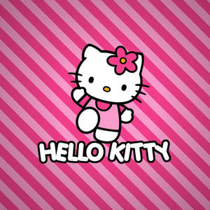 Hello Kitty 卡通角色身穿粉紅色連衣裙，戴著花朵蝴蝶結，背景為粉紅色條紋。