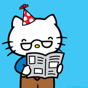 Hello Kitty 戴著派對帽和眼鏡閱讀報紙。 — 白色美學gif 壁紙