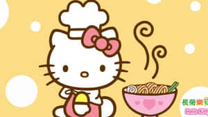 Hello Kitty 廚師捧著一碗冒著熱氣的麵條，上面有蔥花。
