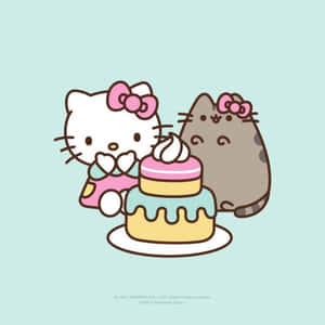 Hello Kitty 和 Pusheen 分享一個有粉紅色和藍色糖霜的生日蛋糕。