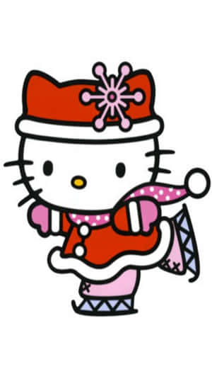 Hello Kitty 穿著冬季衣服，戴著紅色帽子和粉紅色圍巾溜冰。 — 可愛聖誕動圖 壁紙
