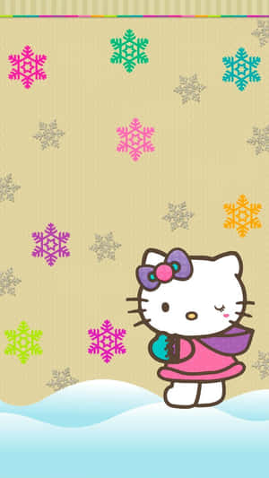 Hello Kitty 穿著冬季連衣裙，手持杯子，彩色雪花飄落。 — Hello kitty 美學 GIF 壁紙