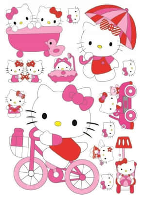 Hello Kitty 貼紙，以粉紅色服裝展示單車、浴缸、雨傘和汽車。 — 白色美學gif 壁紙