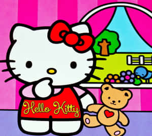 Hello Kitty 在嘉年華帳篷前抱著泰迪熊。 — 可愛卡通 壁紙