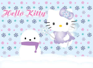 Hello Kitty 穿著冬季服裝，與雪人一起置身於雪花和星星的雪景中。 — 可愛聖誕動圖 壁紙