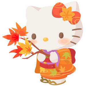 Hello Kitty 穿著秋季主題和服，手持楓葉枝 — 可愛卡通 壁紙