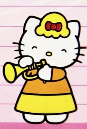 Hello Kitty 在粉紅色橫線紙背景上吹奏小號 — 白色美學gif 壁紙