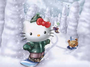 Hello Kitty 在雪白的冬日景色中與朋友們一起玩滑雪板。 — 溫馨聖誕美學 壁紙