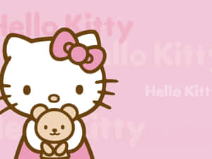 Hello Kitty 喺粉紅色背景上抱住一隻泰迪熊，背景有重複嘅文字。