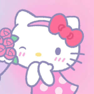 Hello Kitty 面帶愉快表情手持粉紅玫瑰。
