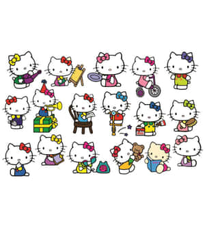 Hello Kitty 角色以各種有趣的姿勢與玩具和活動互動。 — Galaxy Z Flip 8 壁紙