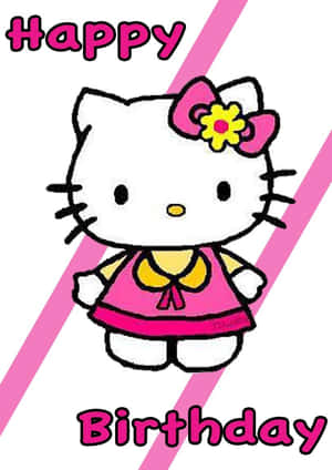 Hello Kitty 卡通角色身穿粉紅色連衣裙，附有生日祝福文字。 — Hello kitty 美學 GIF 壁紙