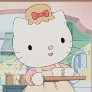 Hello Kitty 在廚房穿著粉紅色圍裙奉茶。 — 白色美學gif 壁紙