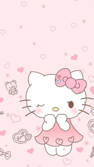 Hello Kitty 身穿粉紅色連衣裙，戴著蝴蝶結，在粉紅色心形背景上祈禱。 — Hello kitty 美學 GIF 壁紙