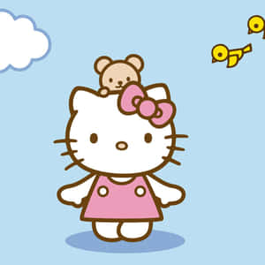Hello Kitty 與泰迪熊和小鳥在天空 — Hello kitty 美學 GIF 壁紙