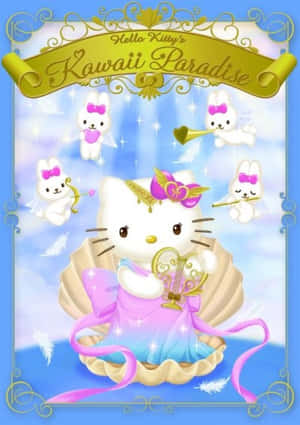 Hello Kitty 在貝殼中彈奏豎琴，天使小兔圍繞著她。 — iPhone Duo 壁紙