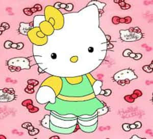 Hello Kitty 卡通角色，身穿綠色連衣裙，戴著黃色蝴蝶結，背景為粉紅色。 — 白色美學gif 壁紙