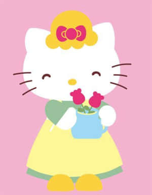 Hello Kitty 身穿黃色連衣裙，手持一個插有粉紅色玫瑰的花瓶。 — 白色美學gif 壁紙