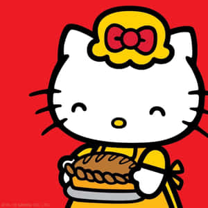 Hello Kitty 身穿黃色連衣裙，在紅色背景上拿著一個烤餡餅。 — 白色美學gif 壁紙