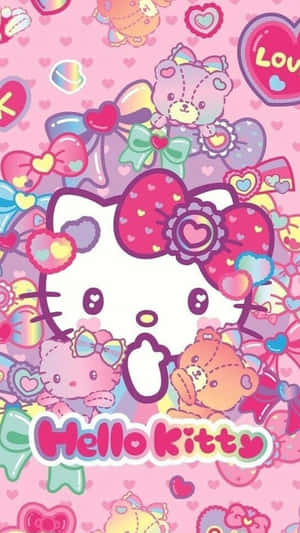 Hello Kitty 卡通角色，帶有彩虹蝴蝶結和毛絨玩具，背景為粉紅色。 — Hello kitty 美學 GIF 壁紙