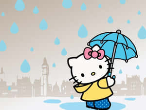 Hello Kitty 喺雨中拎住雨傘，以倫敦天際線為背景。