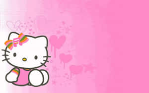 Hello Kitty 卡通角色，帶有彩虹蝴蝶結，被心形和星星包圍在粉紅色背景上。