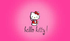 Hello Kitty 卡通角色，身穿紅色服裝，戴著紅色蝴蝶結，背景為粉紅色。