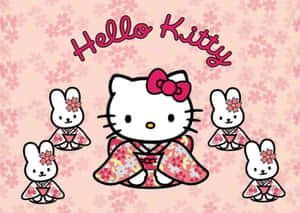 Hello Kitty 和兔子角色穿著花卉和服，背景是櫻花。