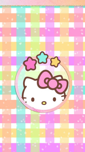Hello Kitty 帶有粉紅色蝴蝶結和星星，在粉彩格紋背景上。