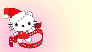 Hello Kitty 穿著節日服裝，拿著一條寫有節日快樂的節日絲帶。