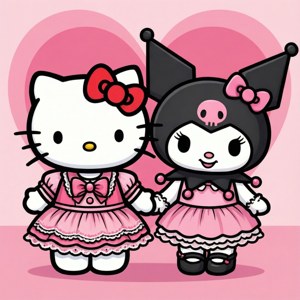Hello Kitty 和 Kuromi 穿著粉紅色連衣裙牽手，心形背景