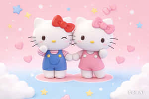 兩個Hello Kitty公仔在雲上手牽手，背景有星星和心形。