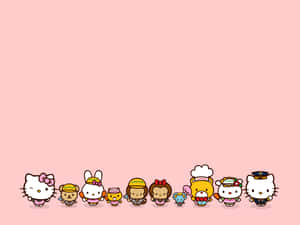 一排穿著不同服裝的 Sanrio 角色在粉紅色背景上