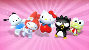 五個Sanrio角色在粉紅色閃爍背景上跳舞。 — Hello kitty 美學 GIF 壁紙