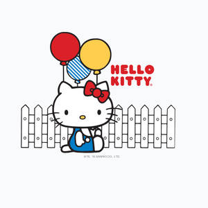 Hello Kitty 在白色柵欄後面拿著氣球。