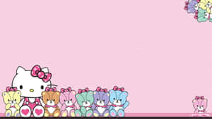 Hello Kitty 和她的熊朋友們在粉紅色背景上排成一排