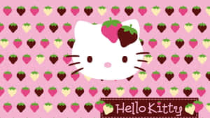 Hello Kitty 戴著草莓髮飾，在粉紅色草莓圖案背景上。