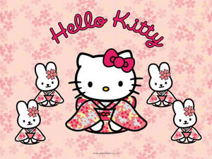 Hello Kitty 和兔子朋友穿著花卉和服，背景是櫻花。