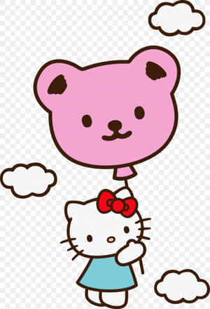 Hello Kitty 拎住一個粉紅色嘅啤啤熊氣球，周圍有雲。