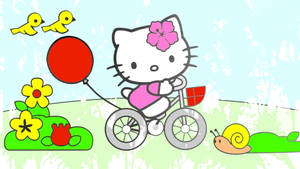 Hello Kitty 踩單車，手持紅色氣球，在有花朵和鳥兒的陽光花園中。