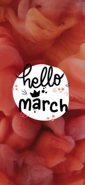 在粉紅色和橙色墨水漩渦背景上，用黑色字體寫著的 Hello March 文字。 — iPhone 18 Pro 壁紙